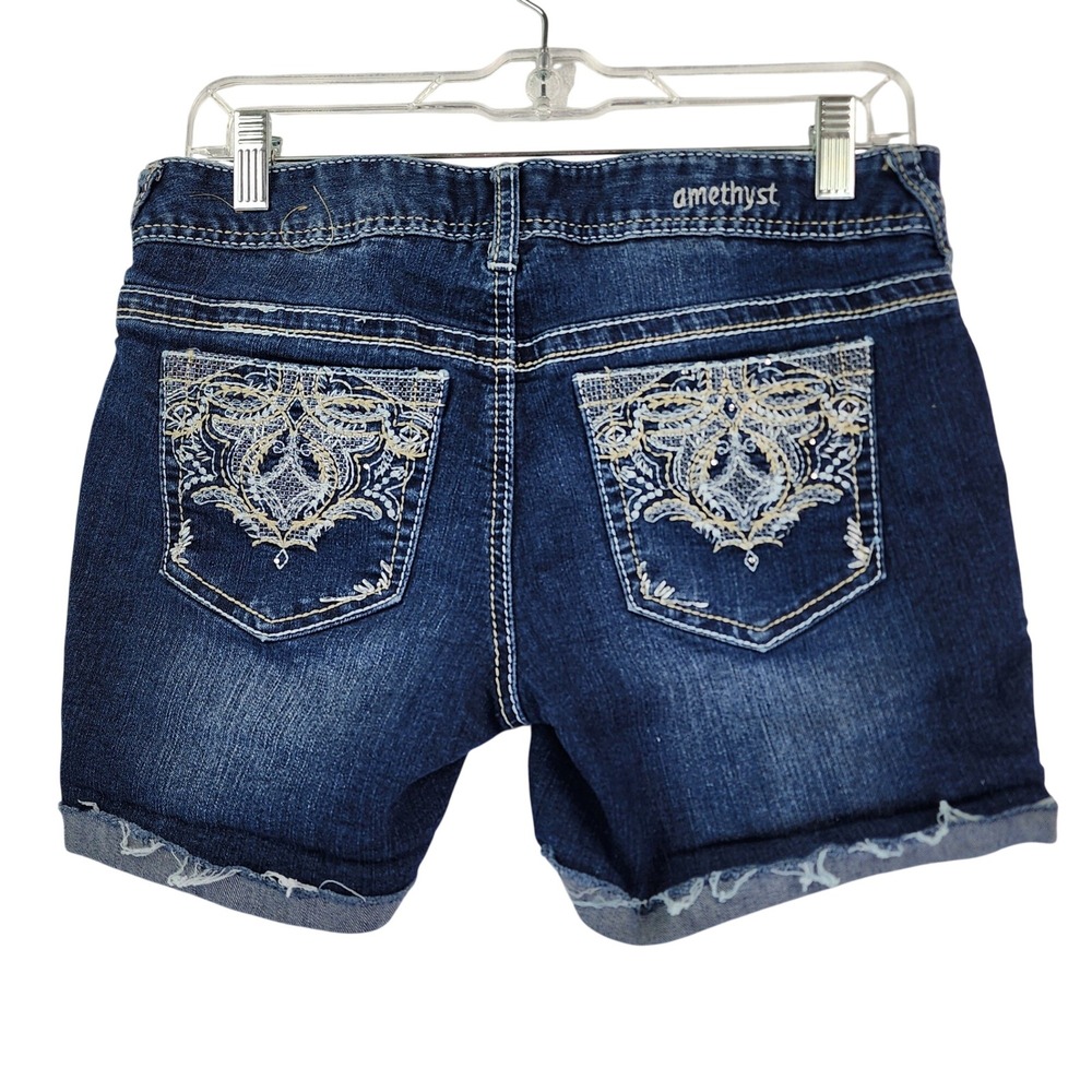 Amethyst Size 7 Blue Rachel Embroidered Rhinestone Denim Shorts Y2K McBling Boho